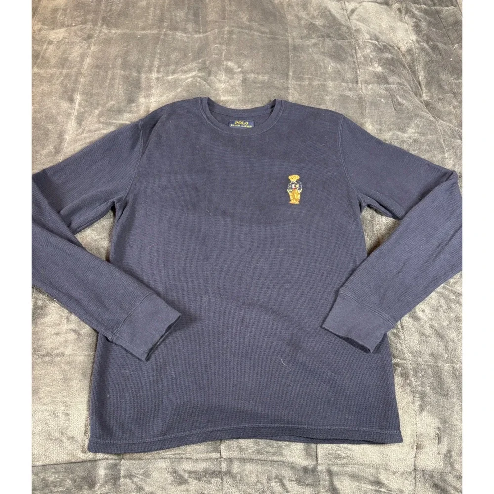Polo Ralph Lauren Mens Navy Blue Waffle Knit Polo Bear Thermal Sleep Shirt M‎